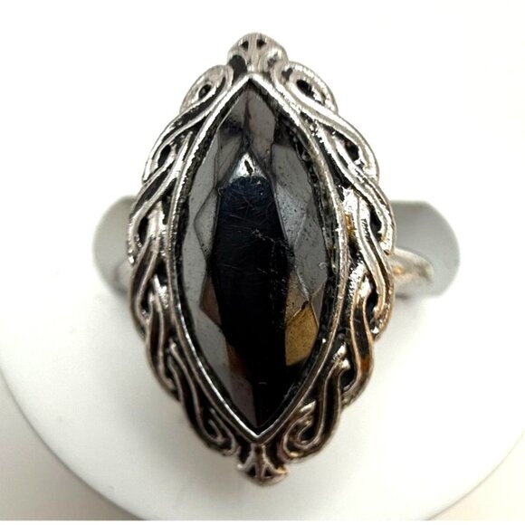 VTG Avon Silver Tone Black Marquise Cabochon Statement Ring Size 6 Retro Fashion - Picture 2 of 7